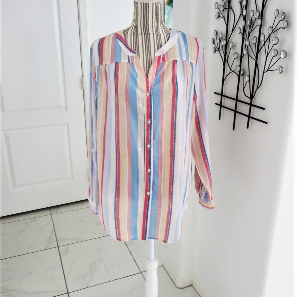 ZAC & RACHEL Watercolor Striped Button Down Long Roll Tab Sleeve Shirt